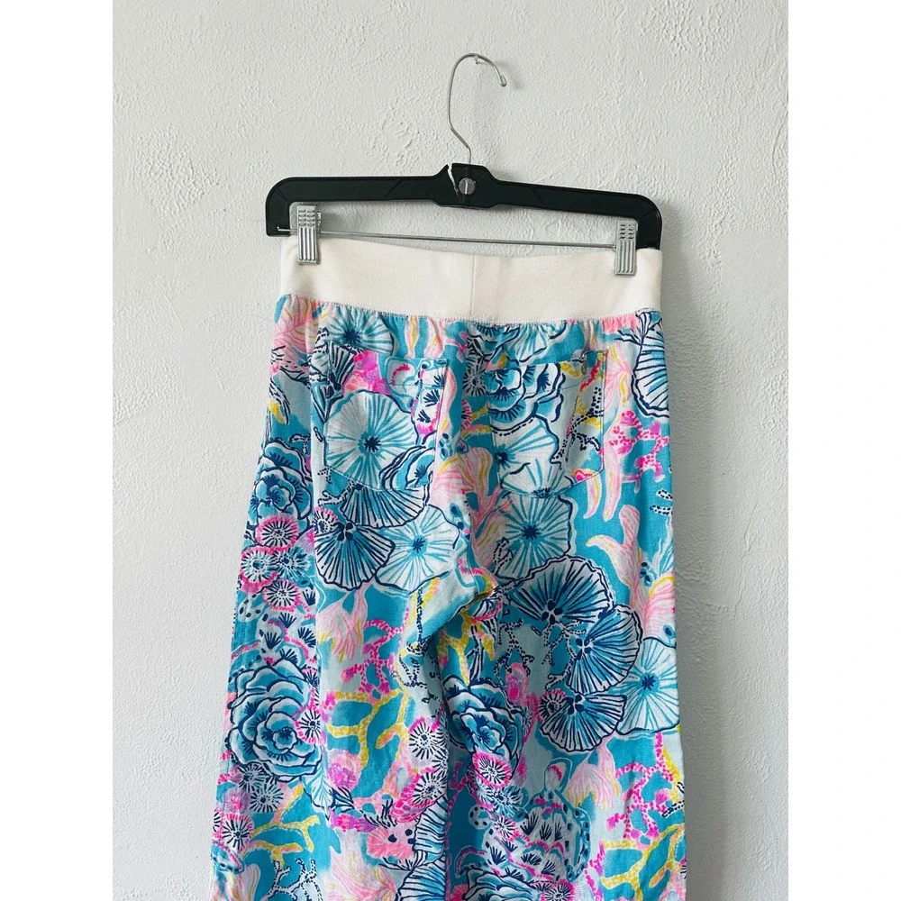 Lilly Pulitzer Beach Palazzo Pants Womens XS Blue Pink Floral Wide Leg Elastic
